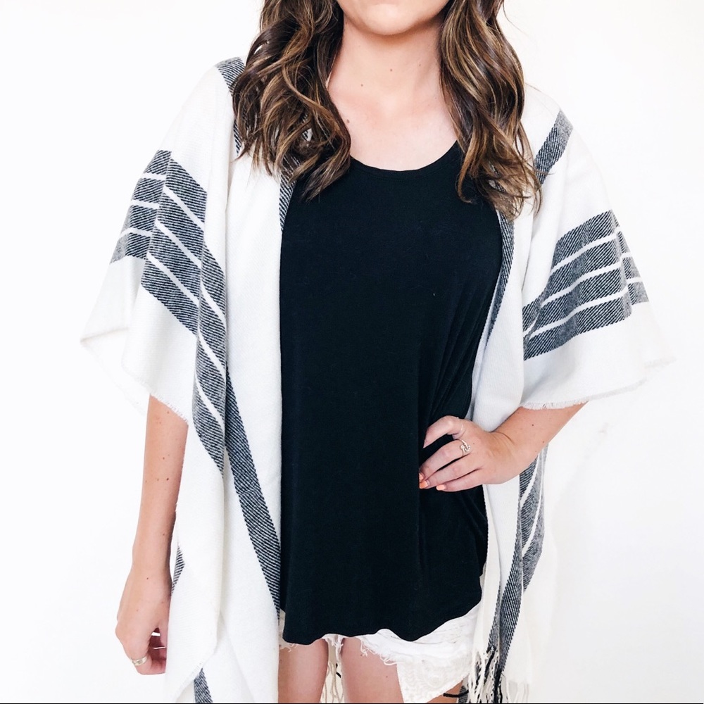NWT White Striped Fringe Poncho